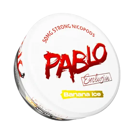 White container with red and yellow text: '50MG STRONG NICOPODS,' 'PABLO' in red, 'Exclusive' in red cursive, 'Banana Ice' in white on yellow.