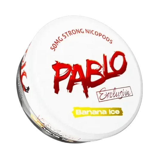A round white container with a bold red logo of PABLO in a brushstroke style and Banana Ice in a yellow banner at the bottom.