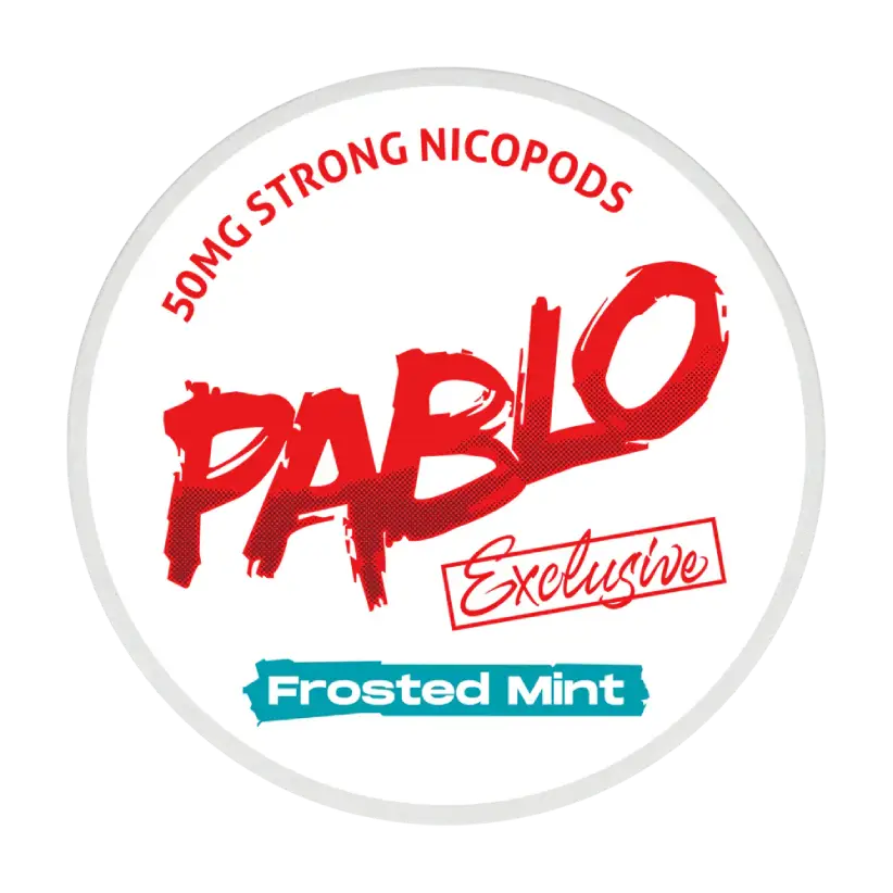 A round white container with a bold red logo of PABLO in a brushstroke style and "Frosted Mint" in a blue banner at the bottom.