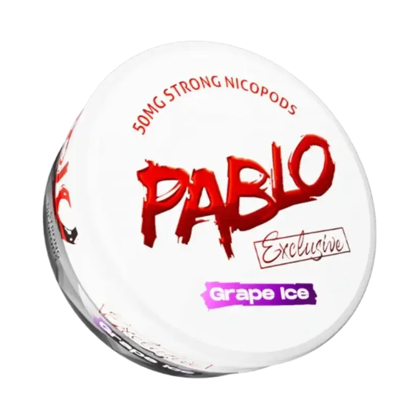 A round white container of PABLO Exclusive Grape Ice nicotine pouches. The lid features a bold red "PABLO" logo with brushstroke style and "Grape Ice" in a purple banner at the bottom.