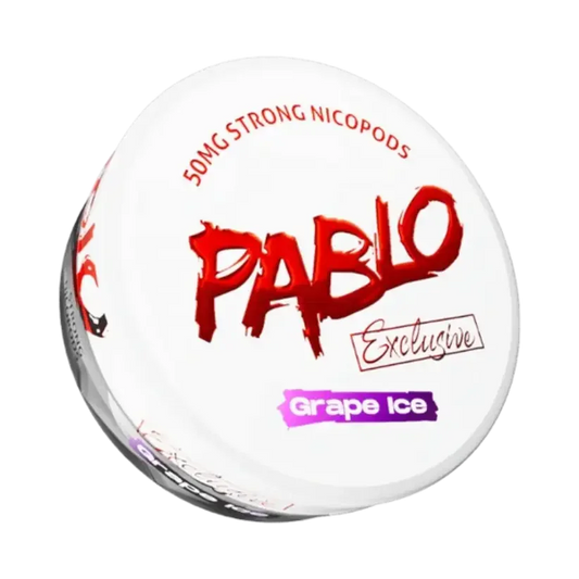 A round white container of PABLO Exclusive Grape Ice nicotine pouches. The lid features a bold red PABLO logo with brushstroke style and Grape Ice in a purple banner at the bottom.
