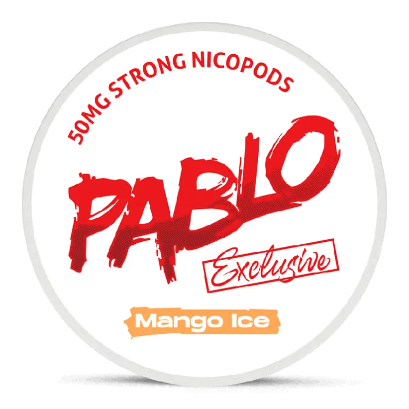 A round white container with a bold red logo of PABLO in a brushstroke style and Mango Ice in an orange banner at the bottom.