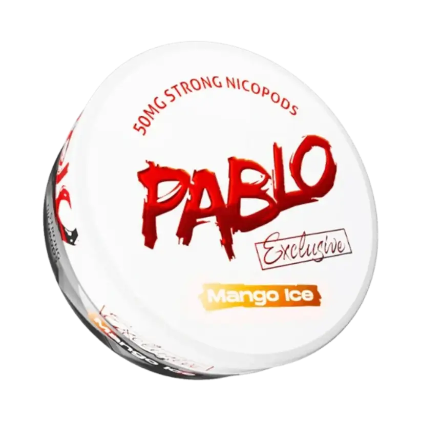 A round white container with a bold red logo of PABLO in a brushstroke style and Mango Ice in an orange banner at the bottom.