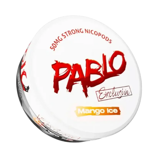 A round white container with a bold red logo of PABLO in a brushstroke style and Mango Ice in an orange banner at the bottom.