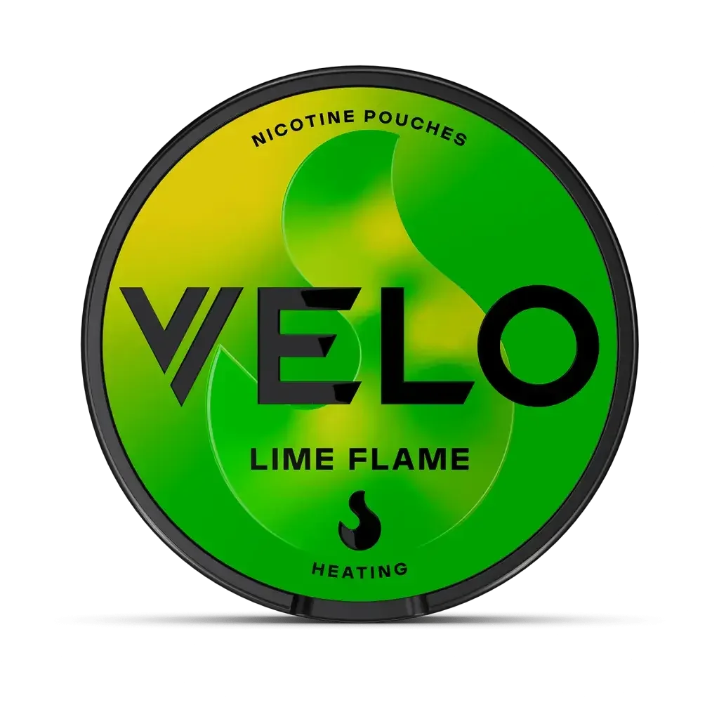 A yellow and green container that mimics the look of a flame with a black outline. Text reads “nicotine pouches, VELO, Lime Flame’.
