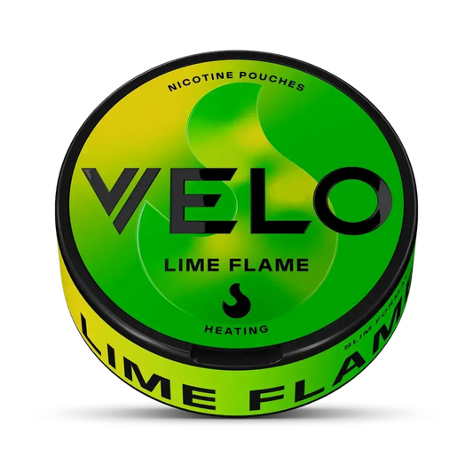 A yellow and green container that mimics the look of a flame with a black outline. Text reads “nicotine pouches, VELO, Lime Flame’.