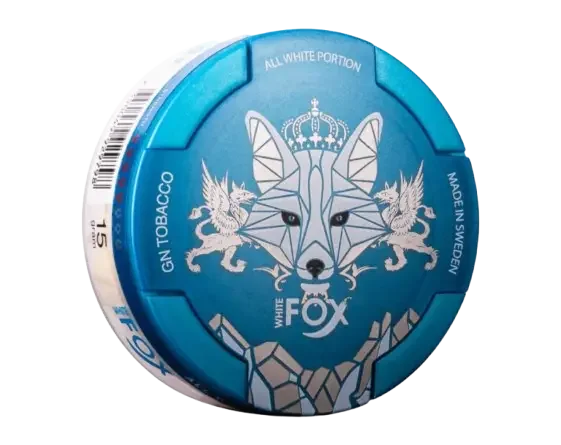 A blue and white round container labeled "White Fox" with a stylised fox design. Text reads "Spearmint”, All White Portion “Made in Sweden”.