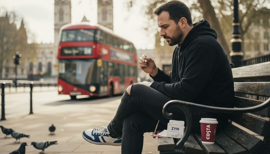 UK smoker comparing nicotine pouch on park bench