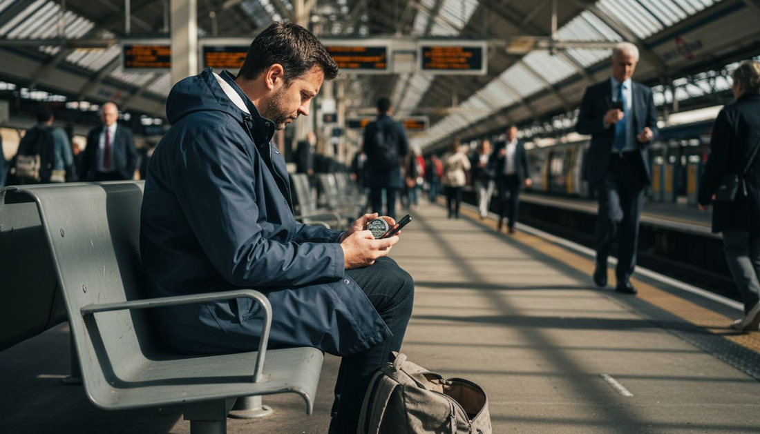 Man holding nicotine pouch tin at train station