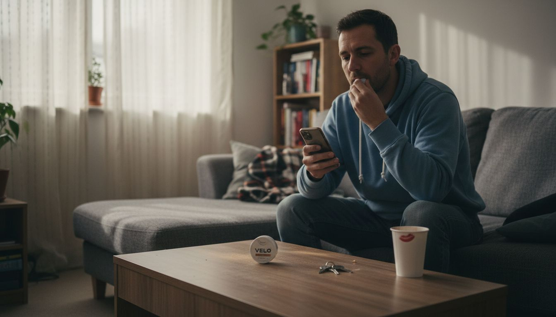 Man using flavoured nicotine pouch at home