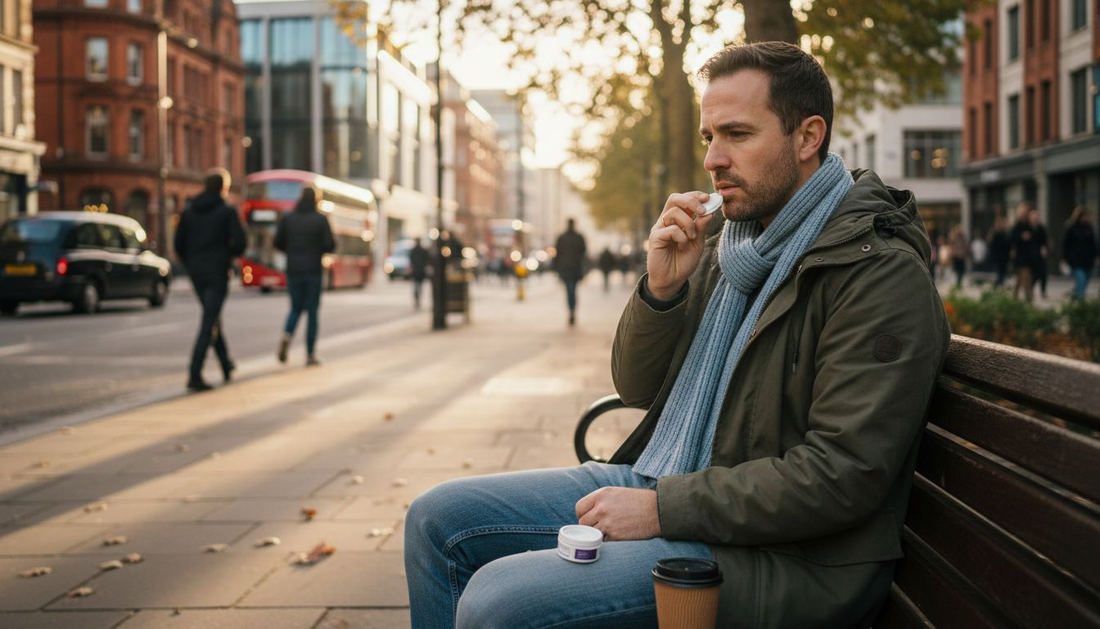 Man with VELO nicotine pouch in UK city