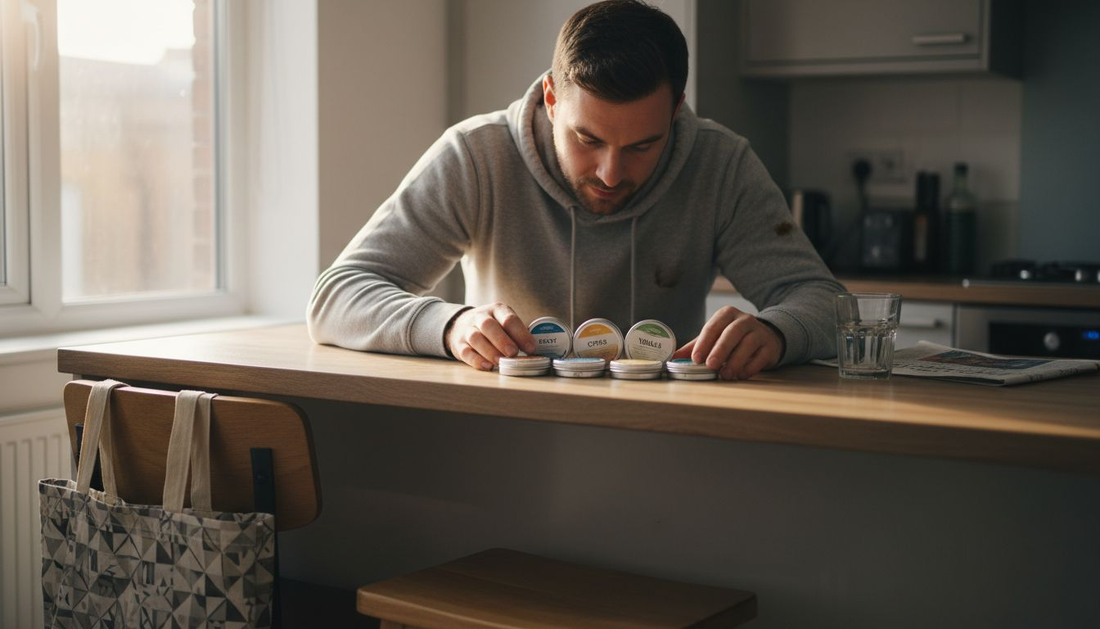 Seven nicotine pouch tins on kitchen counter