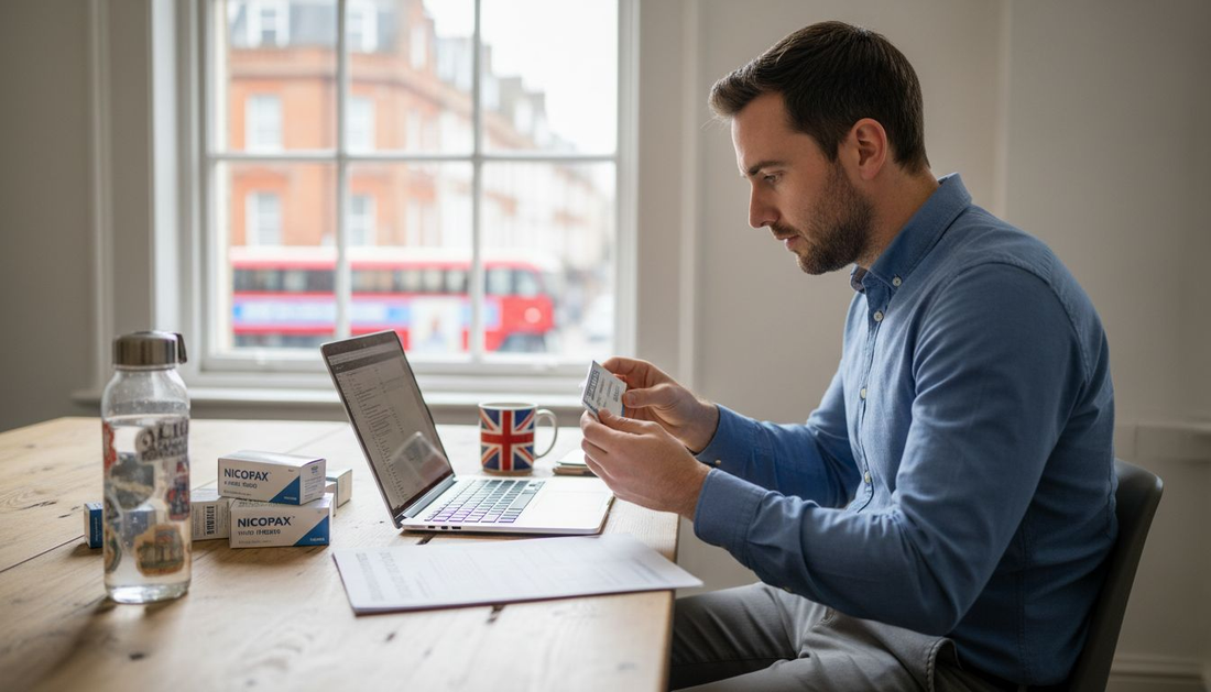 Man inspecting nicotine pouch packaging UK