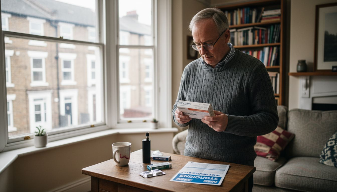 Middle-aged man compares smoking alternatives at home
