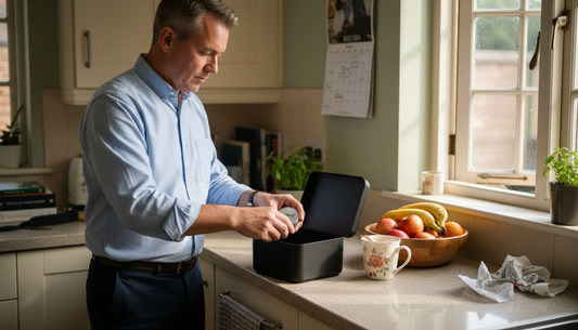 Placing nicotine pouch tin into storage box