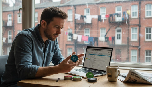 Man comparing nicotine pouch brands at his kitchen table