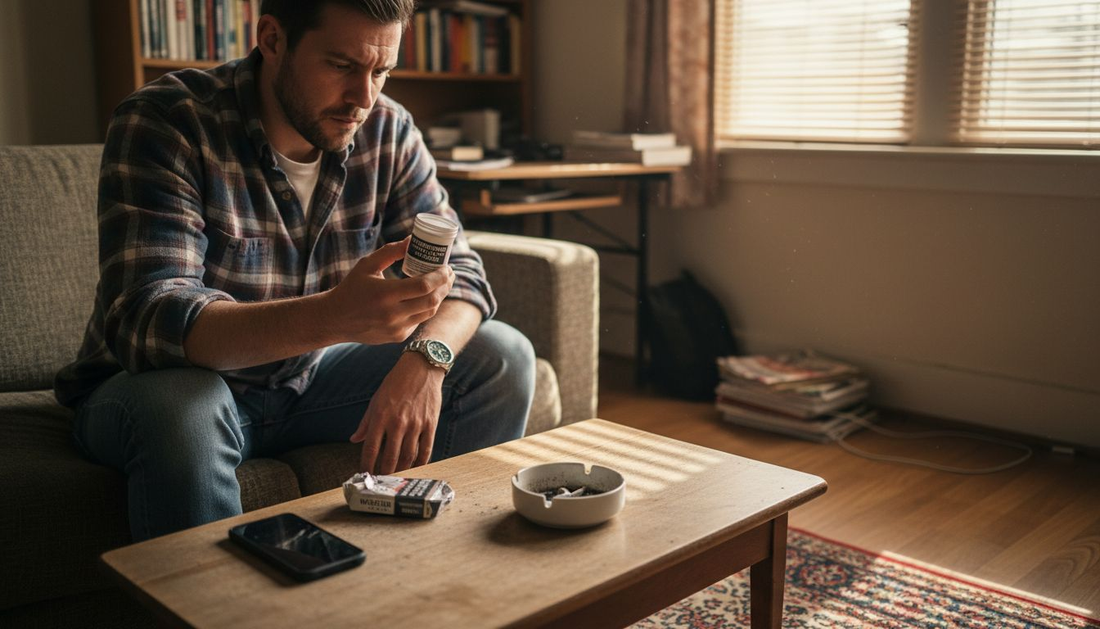 Man examining nicotine pouch package at home