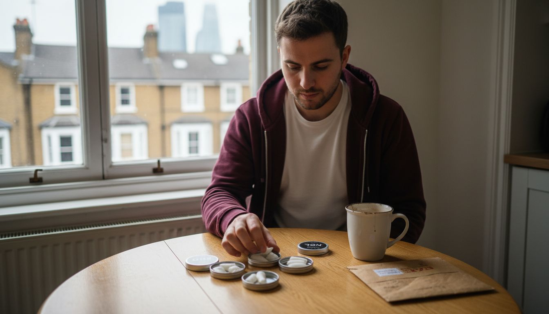 Man comparing different UK nicotine pouch types at kitchen table