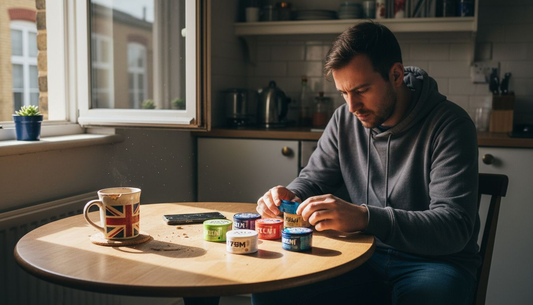 Man comparing nicotine pouch brands at kitchen table