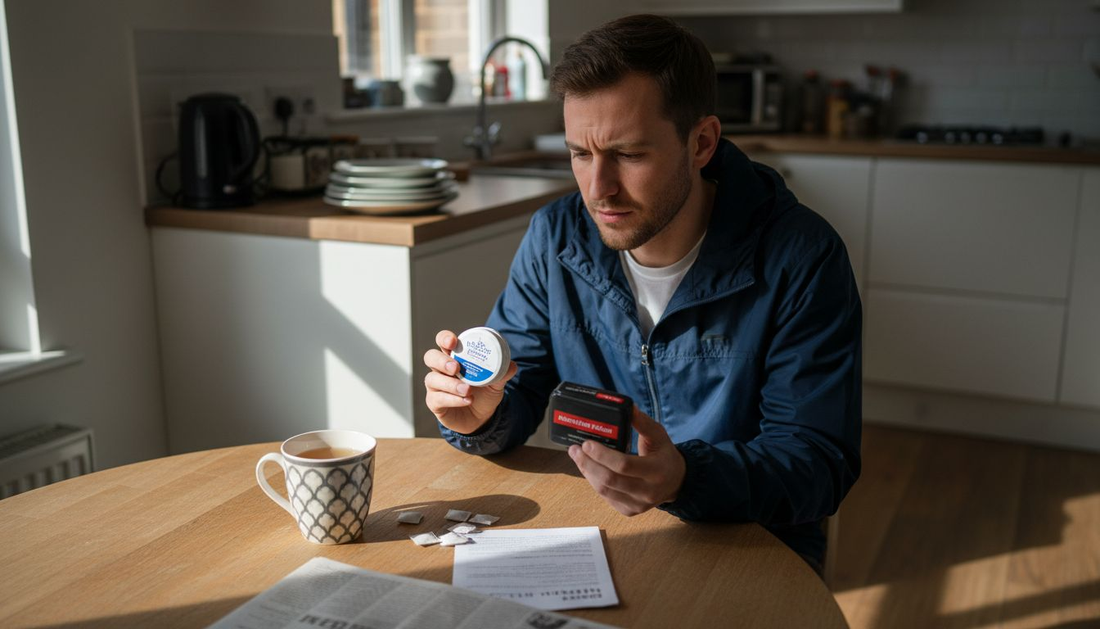 Man comparing two nicotine pouch brands at home