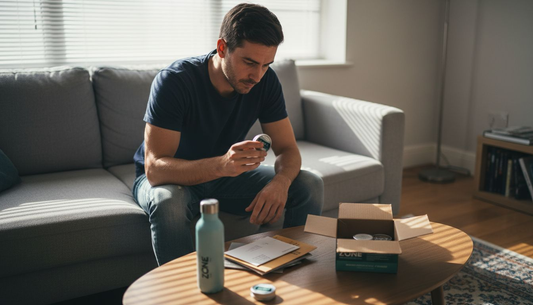 Man examining nicotine pouch canister on living room couch