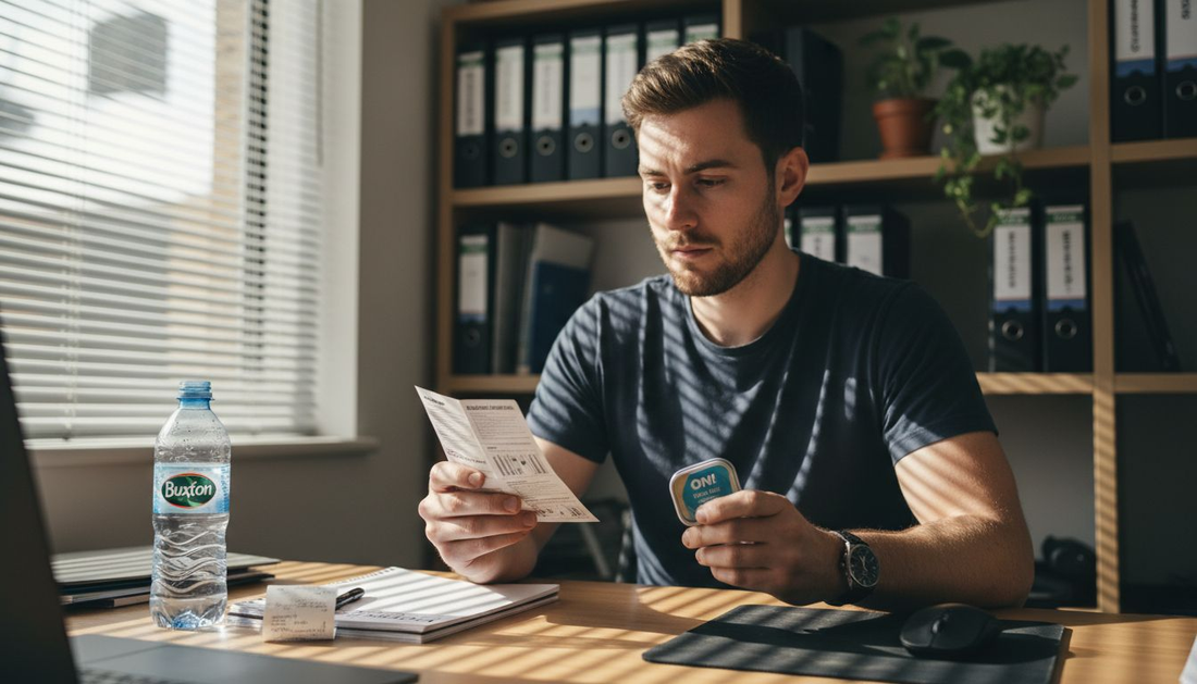Office worker examining nicotine pouch tin