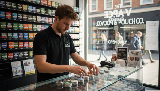 Shop assistant arranging nicotine pouch display