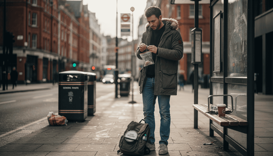Man disposing nicotine pouch at London bus stop