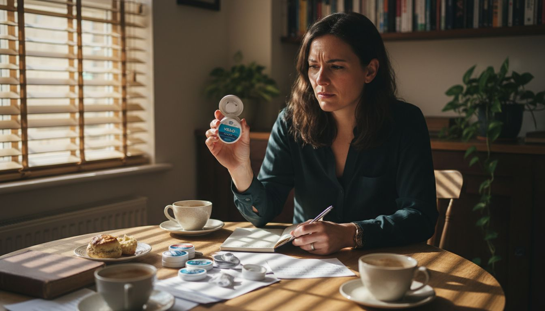 Woman choosing nicotine pouch flavors at table