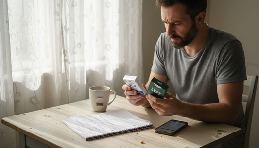 Man comparing nicotine pouch strengths at table