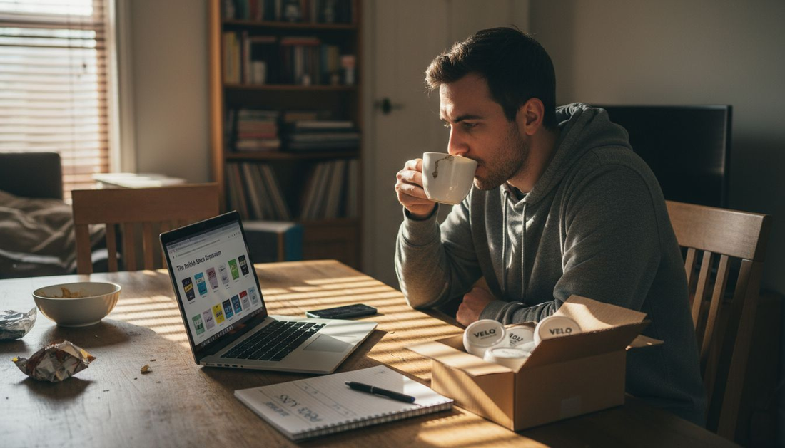 Man shopping for nicotine pouches on laptop