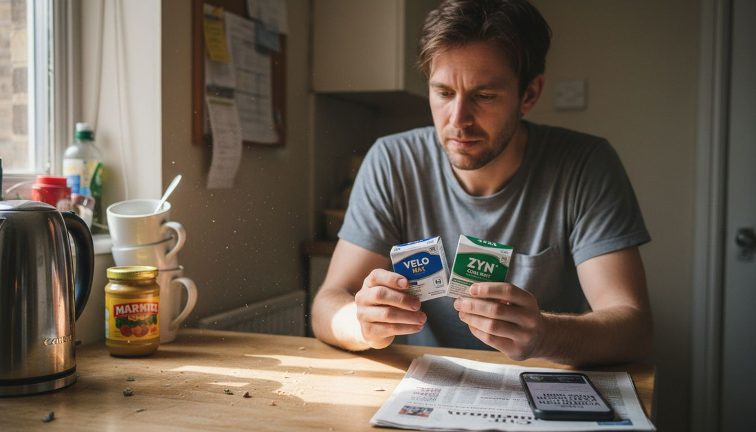 Man comparing nicotine pouch options at kitchen table