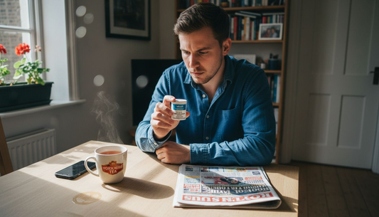 Man reading nicotine pouch label in kitchen