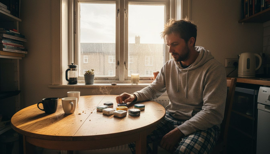 Person choosing nicotine pouch flavors in kitchen