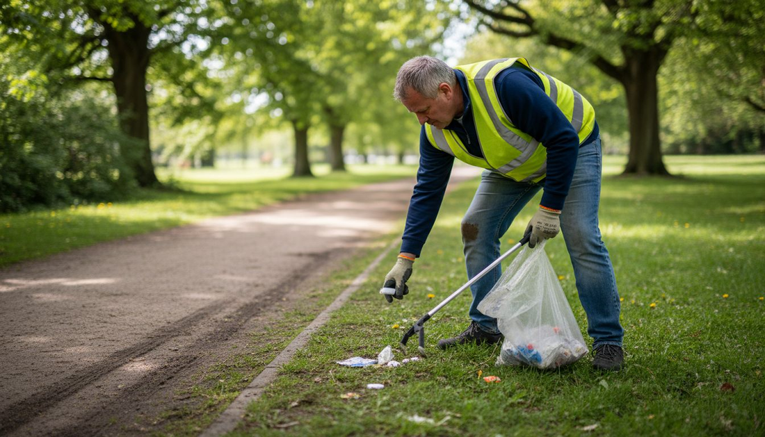 Groundskeeper picking up littered nicotine pouches outdoors