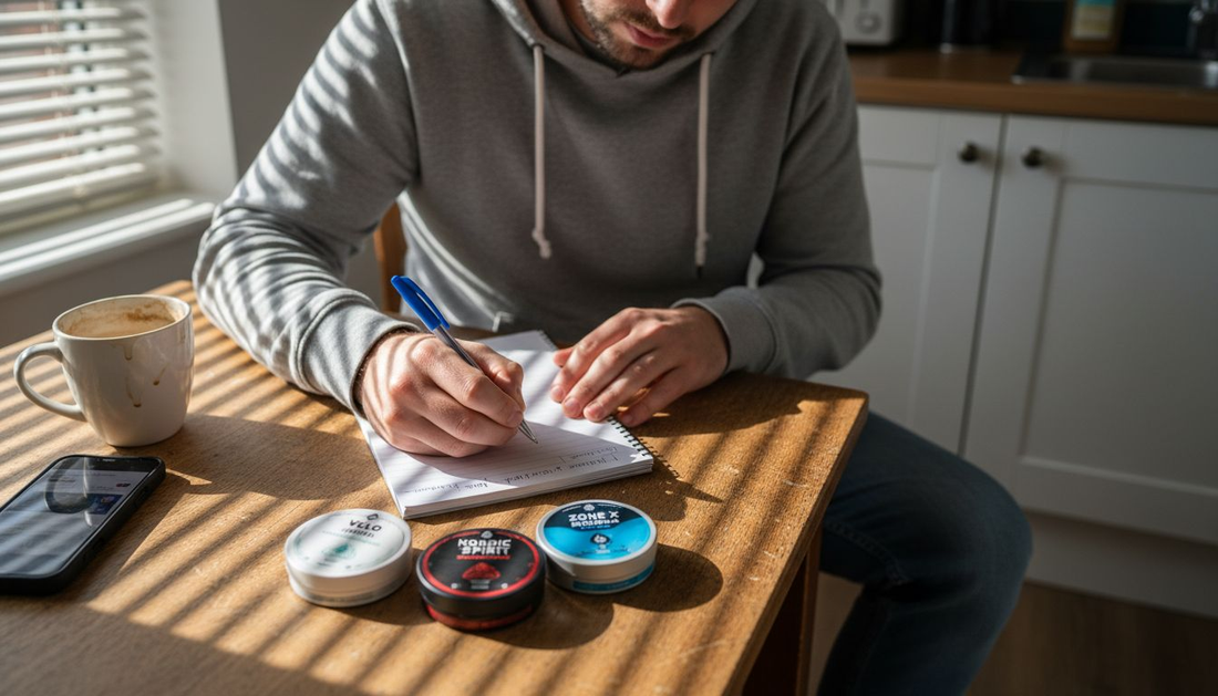 Man considering nicotine pouch flavours at table
