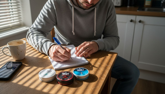 Man considering nicotine pouch flavours at table