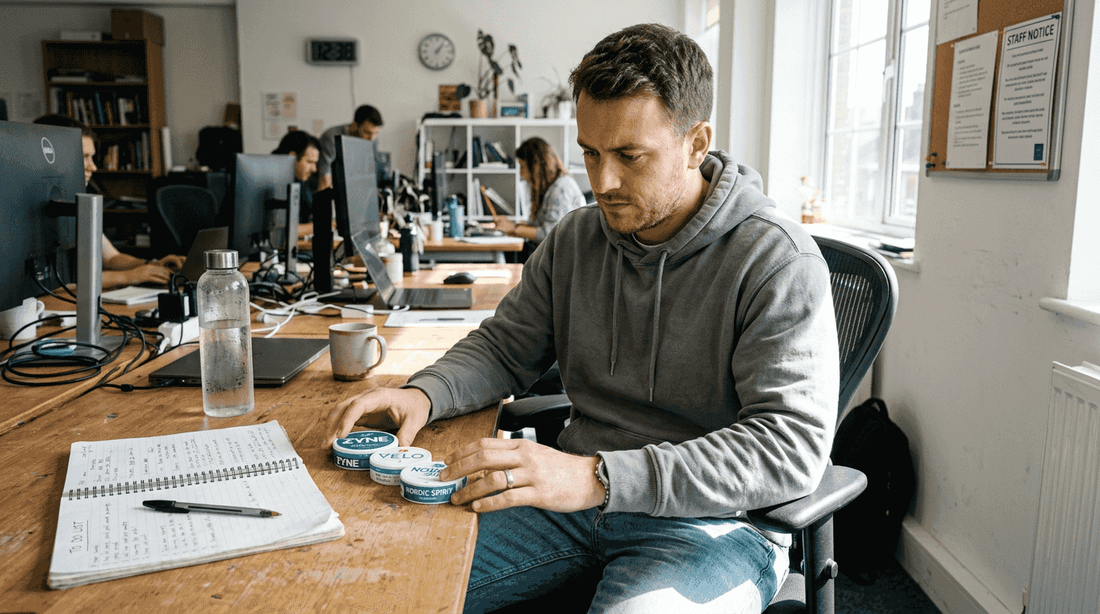 Man comparing several nicotine pouch containers