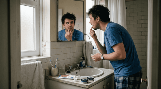 Man preparing nicotine pouch at bathroom mirror