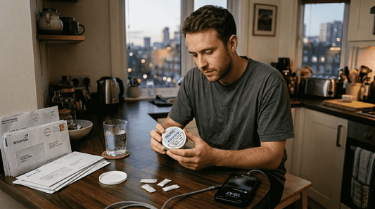 Man reading nicotine pouch label in apartment