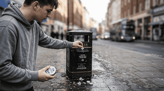 Person disposing nicotine pouch in city street bin