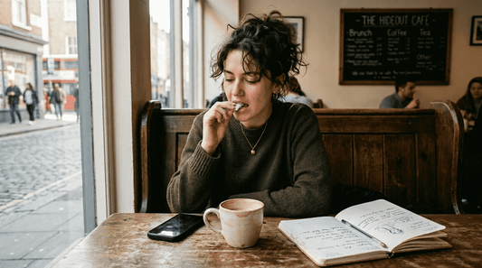 Person discreetly using nicotine pouch in café