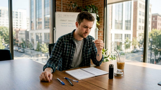 Man comparing nicotine pouch and vape at office table
