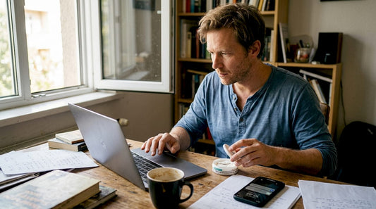 Man prepares nicotine pouch at home desk