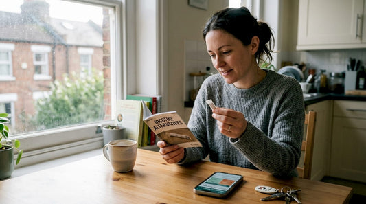 Adult woman examines nicotine pouch at kitchen table