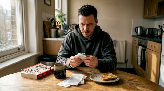 Man reading nicotine pouch instructions in kitchen