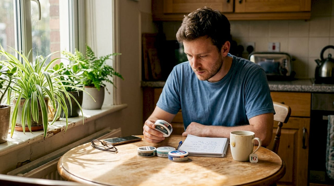 Man comparing nicotine pouch tins at kitchen table