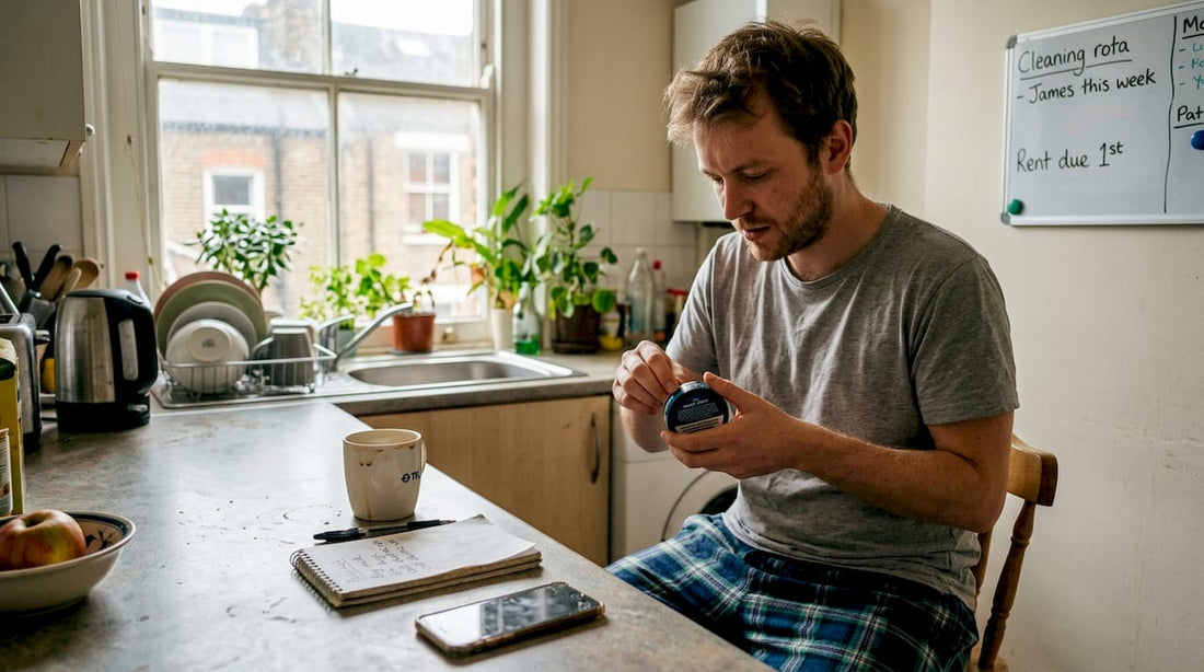 Man reading nicotine pouch flavour label in kitchen