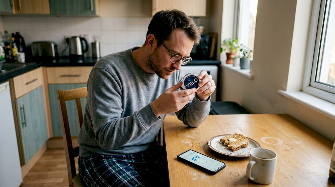 Man reading nicotine pouch label at kitchen table
