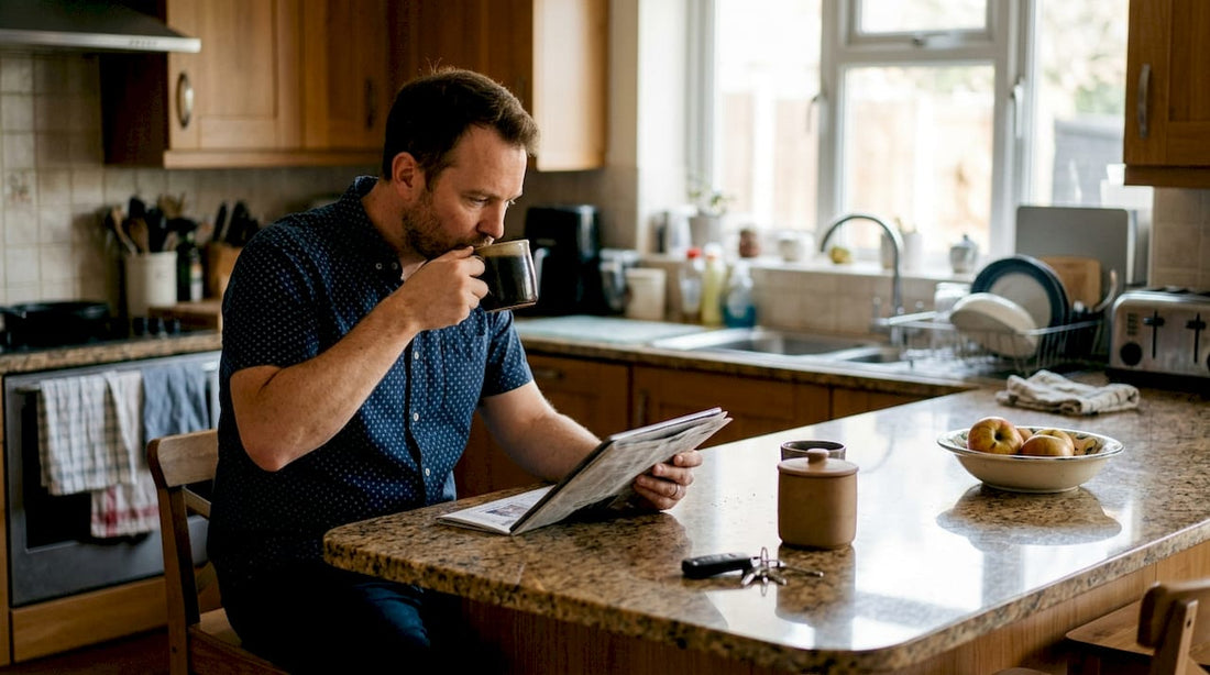 Man using smokeless nicotine pouch at kitchen counter
